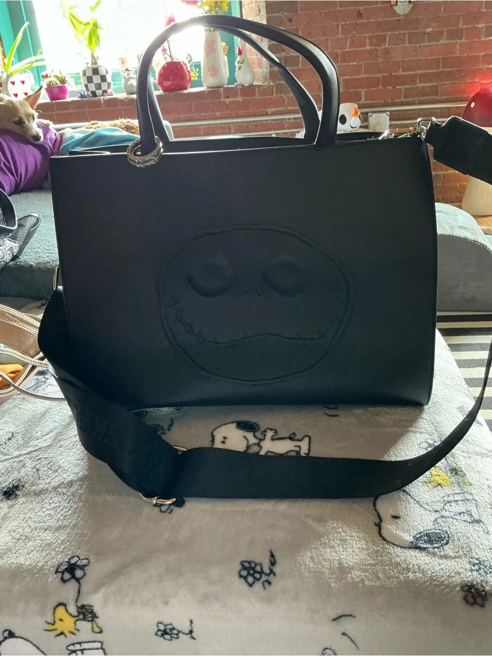 Black Women's Satchel Bag with Embossed Jack Skellington Face